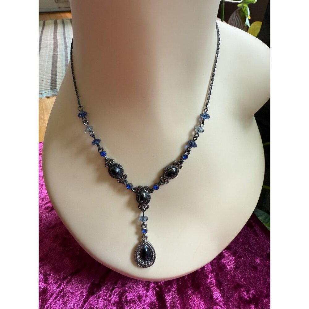Avon Faux Onyx, blue rhinestone & Silver Tone Vintage Necklace